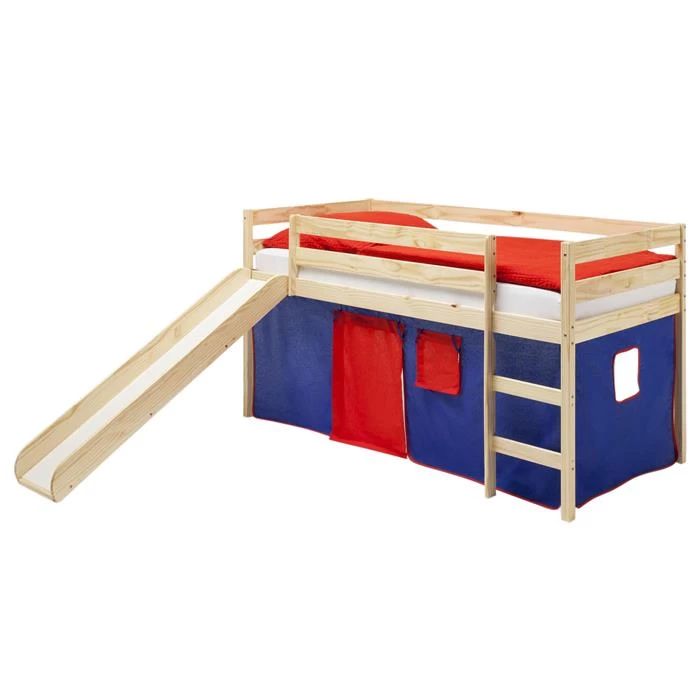 Hochbett Mit Rutsche BENNY Natur, Vorhang Blau/rot 2 Hochbett Mit Rutsche BENNY Natur, Vorhang Blau/rot – Bild 2