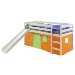 Hochbett Mit Rutsche BENNY Weiß, Vorhang Orange/grün