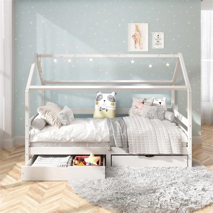 Hausbett CLIA In 90 X 200 Cm Aus Massiver Kiefer Mit 2 Schubladen In Weiß 2 Hausbett CLIA In 90 X 200 Cm Aus Massiver Kiefer Mit 2 Schubladen In Weiß – Bild 2