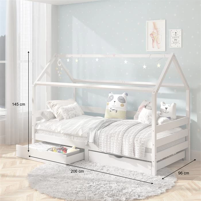 Hausbett CLIA In 90 X 200 Cm Aus Massiver Kiefer Mit 2 Schubladen In Weiß 3 Hausbett CLIA In 90 X 200 Cm Aus Massiver Kiefer Mit 2 Schubladen In Weiß – Bild 3