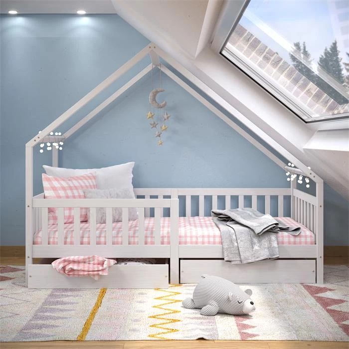 Hausbett ALVA In 90 X 200 Cm Aus Massiver Kiefer Mit Schubladen In Weiß 2 Hausbett ALVA In 90 X 200 Cm Aus Massiver Kiefer Mit Schubladen In Weiß – Bild 2