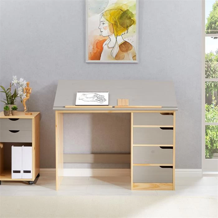 Kinderschreibtisch EMMA Aus Kiefer Massiv In Natur/grau, Neigungsverstellbar 2 Kinderschreibtisch EMMA Aus Kiefer Massiv In Natur/grau, Neigungsverstellbar – Bild 2