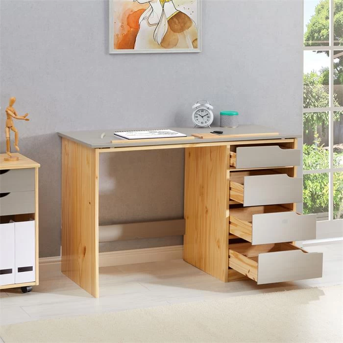 Kinderschreibtisch EMMA Aus Kiefer Massiv In Natur/grau, Neigungsverstellbar 3 Kinderschreibtisch EMMA Aus Kiefer Massiv In Natur/grau, Neigungsverstellbar – Bild 3