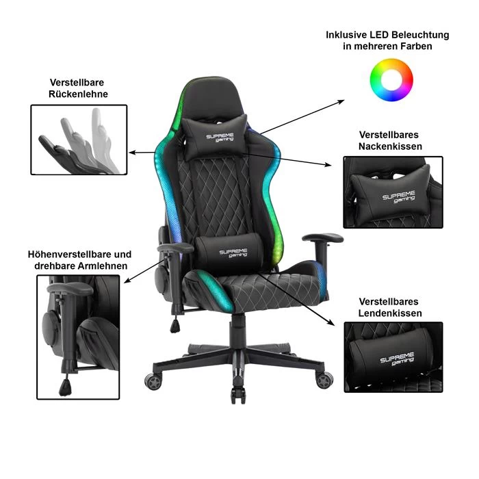 Gamingstuhl LEGEND In Schwarz, Mit LED Beleuchtung 2 Gamingstuhl LEGEND In Schwarz, Mit LED Beleuchtung – Bild 2