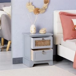 Nachttisch PADMA Mit 2 Schubladen Und Wiener Geflecht, Grau -Möbel Verkauf 95337 AC2