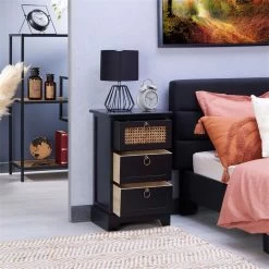 Nachttisch RAJA Mit 3 Schubladen Und Wiener Geflecht, Schwarz -Möbel Verkauf 95339 AC2