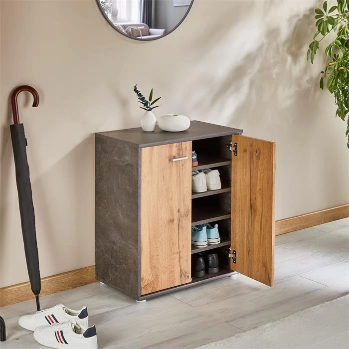 Schuhschrank LENNIS 2 Türen In Beton Dunkel/Wotan Eiche 2 Schuhschrank LENNIS 2 Türen In Beton Dunkel/Wotan Eiche – Bild 2