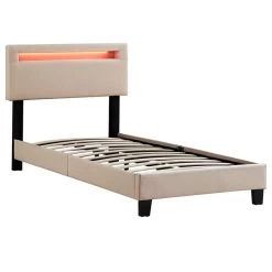 Polsterbett GLACE 90x200 Cm, LED Beleuchtung, Stoff Beige -Möbel Verkauf 95522 2