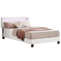 Polsterbett CARIBO 120x200 Cm, LED Beleuchtung, Kunstleder Weiß